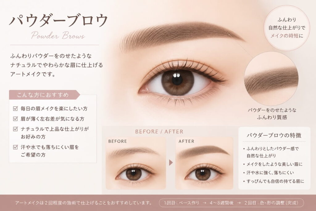 パウダーブロウの広告で、自然な眉の仕上がりとBefore/Afterの比較を示すビジュアル。左にリスト、右に大きな眉アップ。